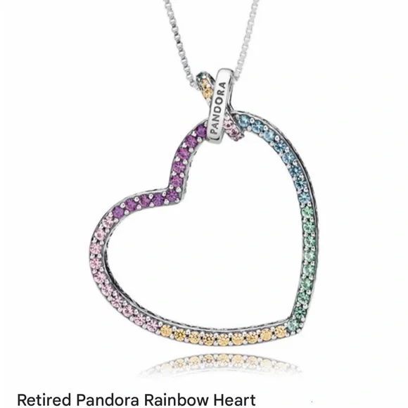 New! RETIRED Pandora charm Heart Necklace Multicolor Gems with chain - Picture 3 of 8